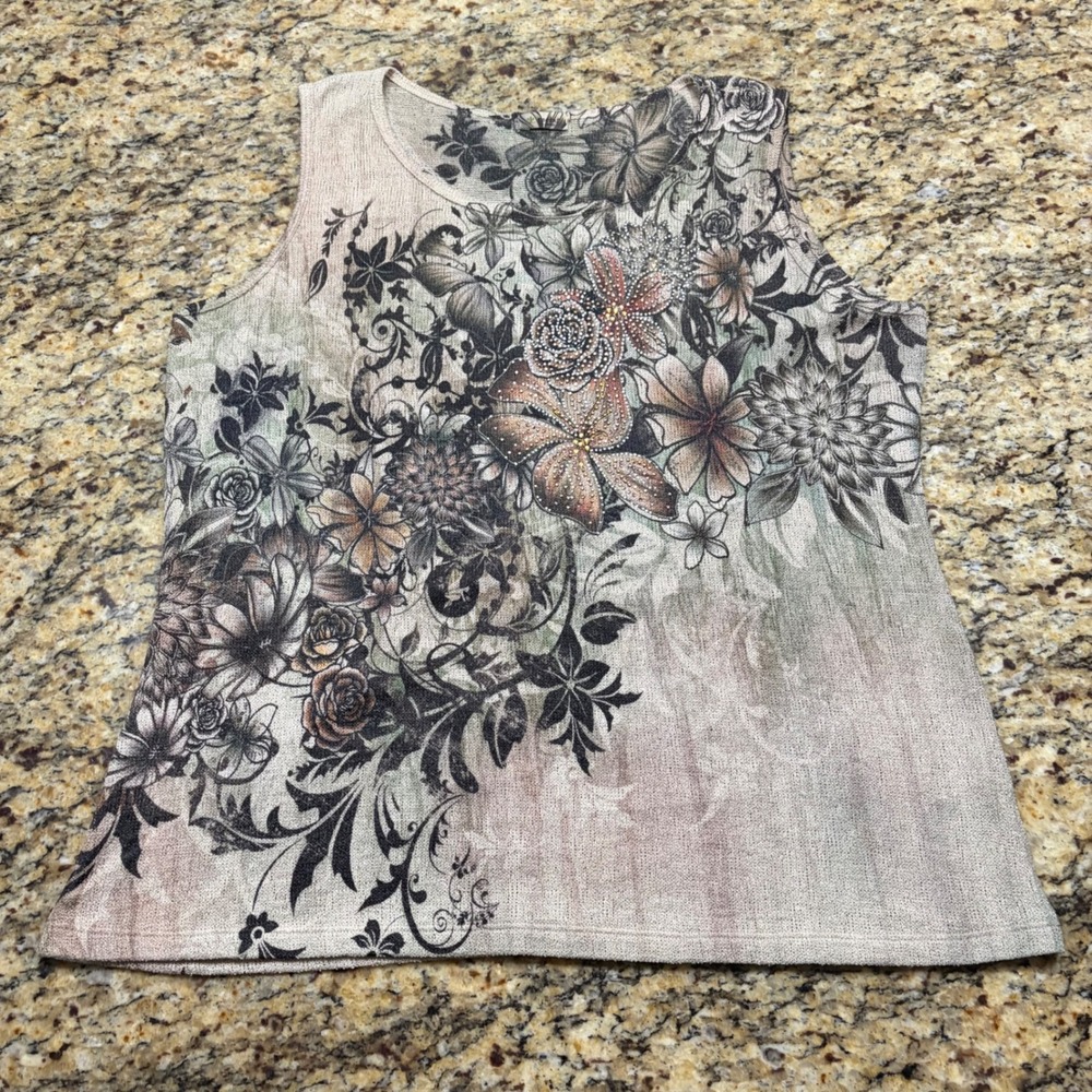 Cactus Womens Large Floral Rhinestone Knit Tank Top Sleeveless Brown Tan Scoop
